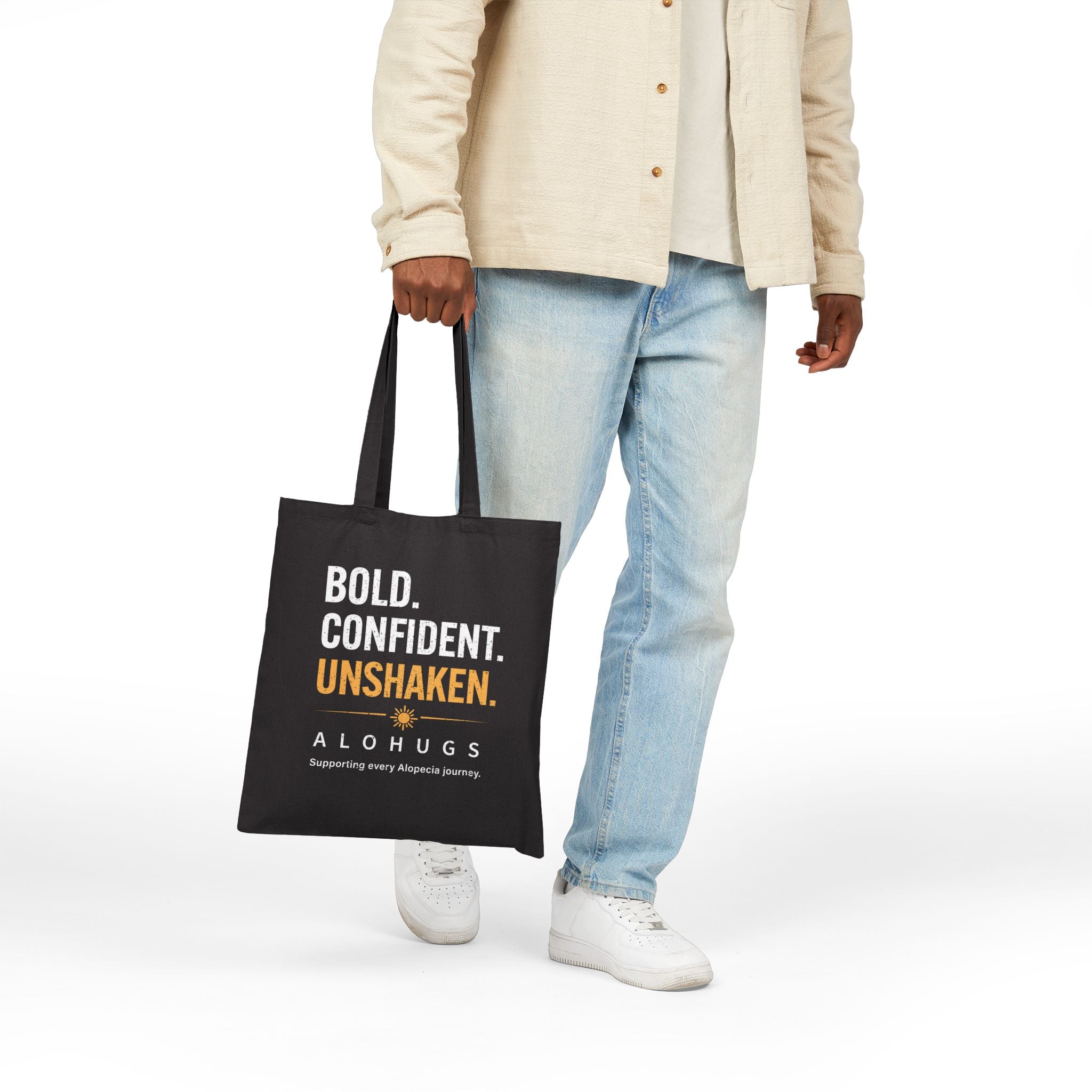 Alohugs Tote Bag — "Bold. Confident. Unshaken."